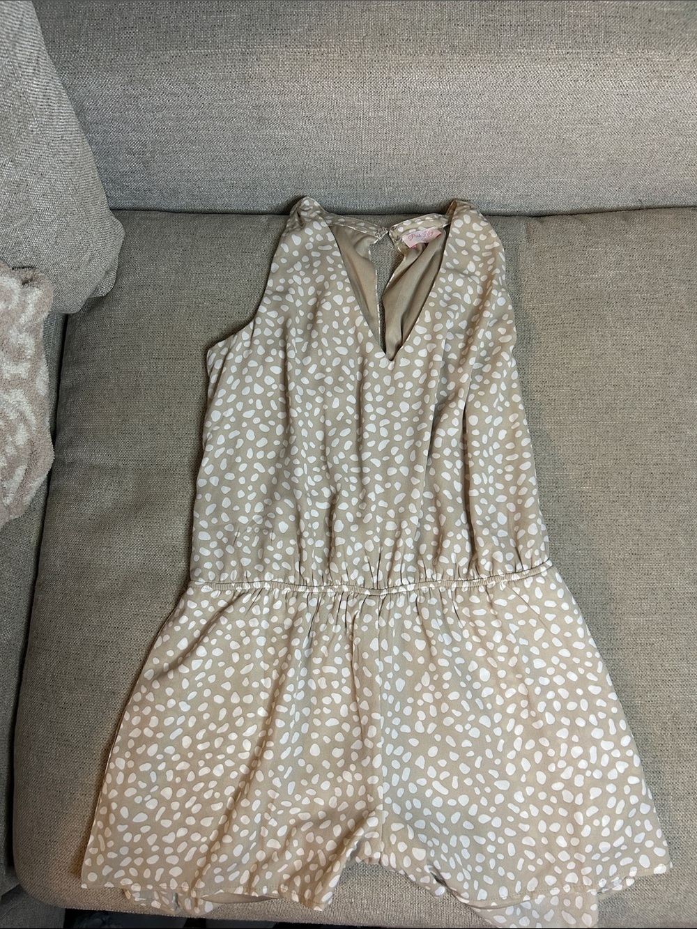 Pink Lily Beige and White Polka Dot Kids Romper Dress
